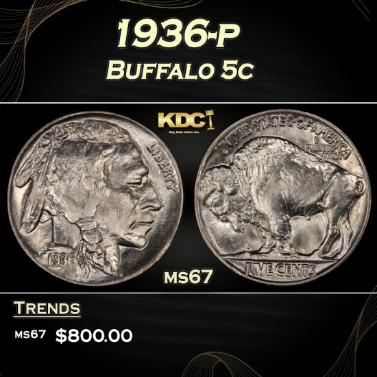 1936-p Buffalo Nickel 5c ms67 SEGS