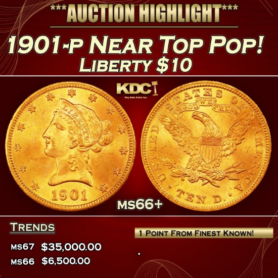 1901-p Gold Liberty Eagle Near Top Pop! $10 ms66+ SEGS