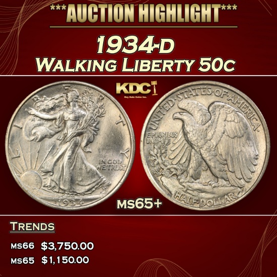 1934-d Walking Liberty Half Dollar 50c ms65+ SEGS