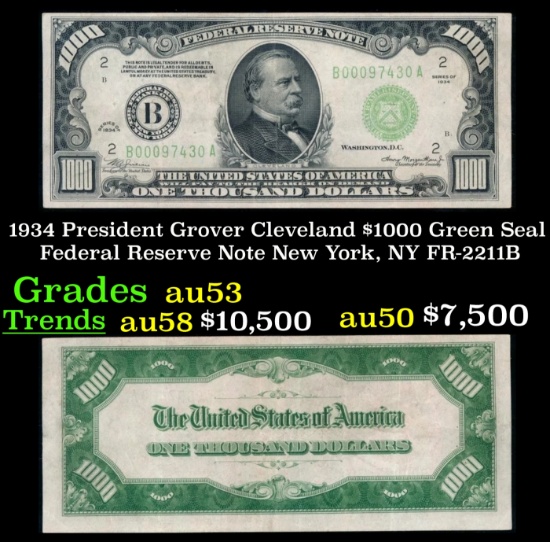 1934 $1000 Green Seal Federal Reserve Note President Grover Cleveland New York, NY Grades Select AU