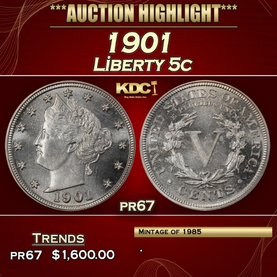 1901 Proof Liberty Nickel 5c pr67 SEGS