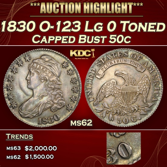 1830 O-123 Lg 0 Capped Bust Half Dollar Toned 50c ms62 USCG