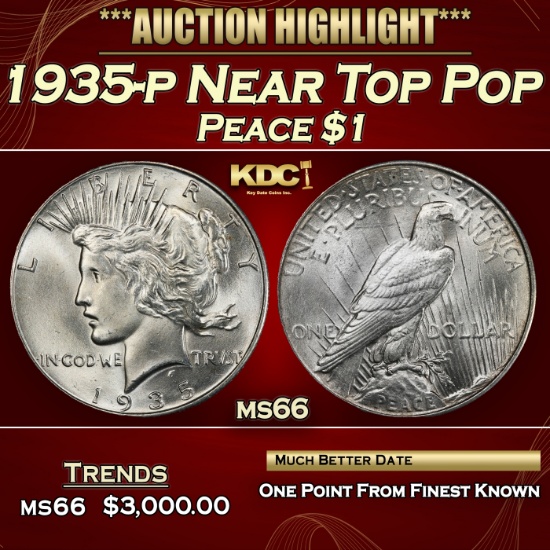 1935-p Peace Dollar Near Top Pop $1 ms66 SEGS