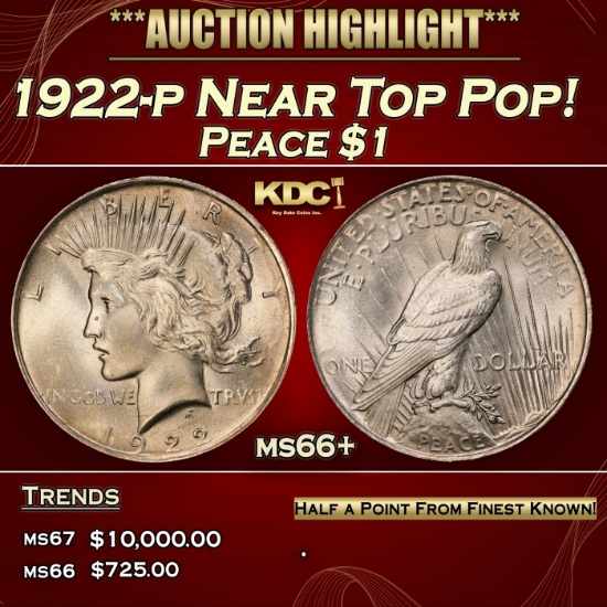 1922-p Peace Dollar Near Top Pop! $1 ms66+ SEGS