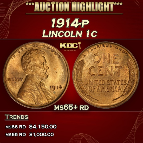 1914-p Lincoln Cent 1c ms65+ rd SEGS