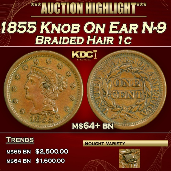 1855 Knob On Ear Braided Hair Large Cent N-9 1c ms64+ bn SEGS