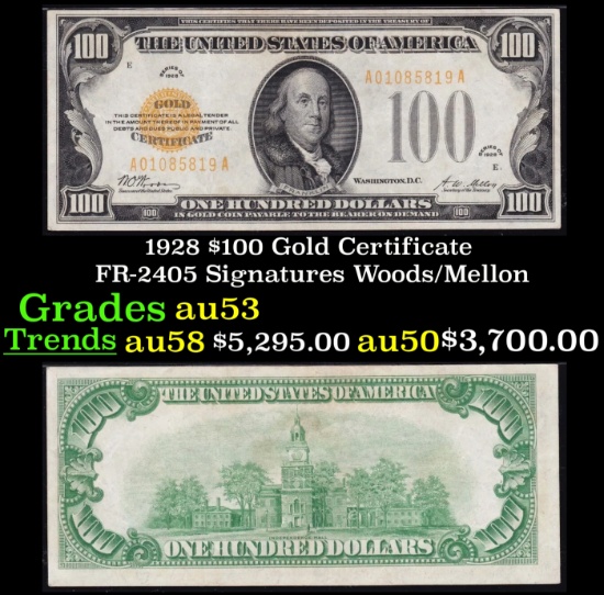 1928 $100 Gold Certificate FR-2405 Signatures Woods/Mellon Grades Select AU