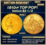 1910-p Gold Indian Quarter Eagle TOP POP! $2 1/2 ms66+ USCG