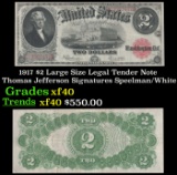 1917 $2 Large Size Legal Tender Note Thomas Jefferson Grades xf Signatures Speelman/White