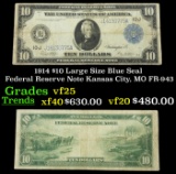 1914 $10 Large Size Blue Seal Federal Reserve Note Kansas City, MO Grades vf+ FR-943