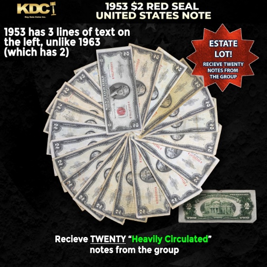 20x 1953 $2 Red Seal United States Note Heavily Circulated