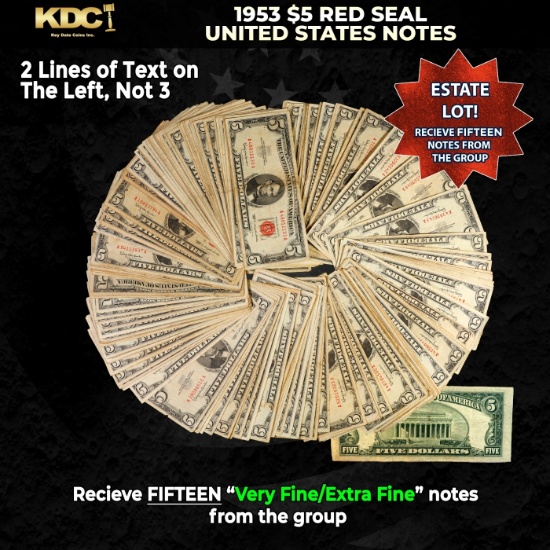 15x 1953 $5 Red Seal United States Note Grades VF/XF