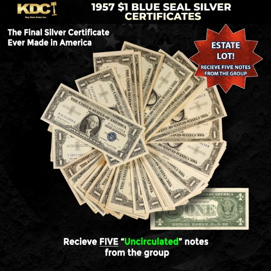 5x 1957 $1 Blue Seal Silver Certificates Grades CU