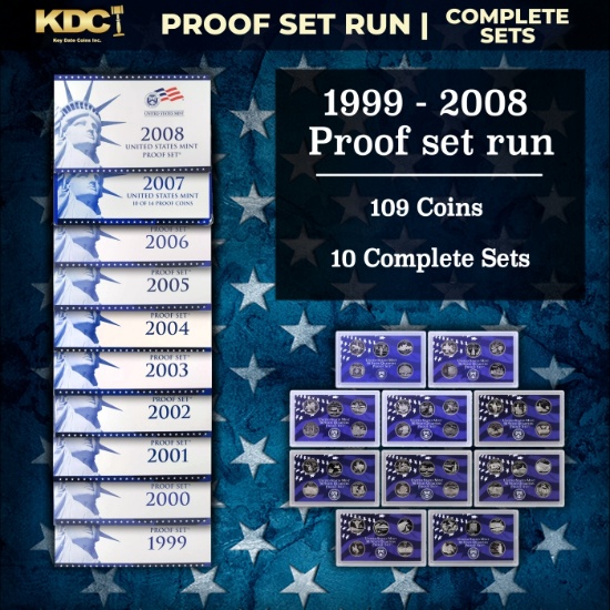 1999-2008 Proof Set Run - 109 Coins, Full 50 State Quarters Run 10 Complete Sets