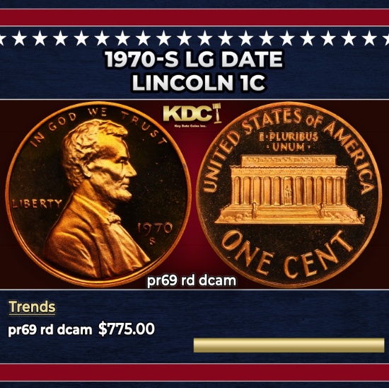 1970-s Lg Date Proof Lincoln Cent 1c pr69 rd dcam SEGS