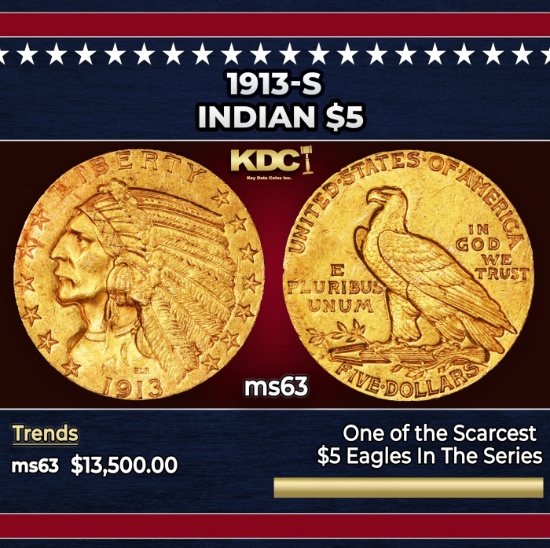 1913-s Gold Indian Half Eagle $5 ms63 USCG