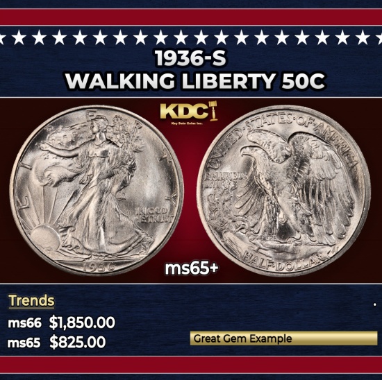 1936-s Walking Liberty Half Dollar 50c ms65+ SEGS