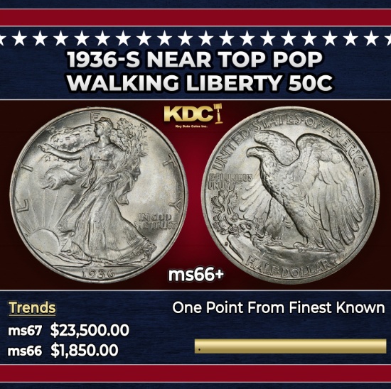 1936-s Walking Liberty Half Dollar Near Top Pop 50c ms66+ SEGS