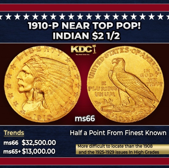1910-p Gold Indian Quarter Eagle Near Top Pop! $2 1/2 ms66 USCG