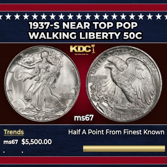 1937-s Walking Liberty Half Dollar Near Top Pop 50c ms67 SEGS