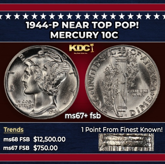 1944-p Mercury Dime Near Top Pop! 10c ms67+ fsb SEGS