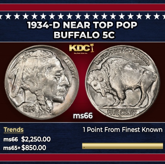 1934-d Buffalo Nickel Near Top Pop 5c ms66 SEGS