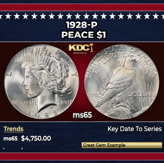 1928-p Peace Dollar $1 ms65 SEGS