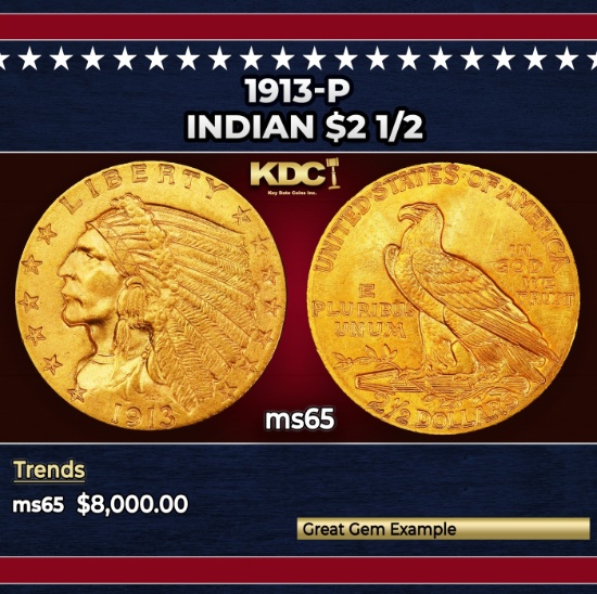 1913-p Gold Indian Quarter Eagle $2 1/2 ms65 SEGS