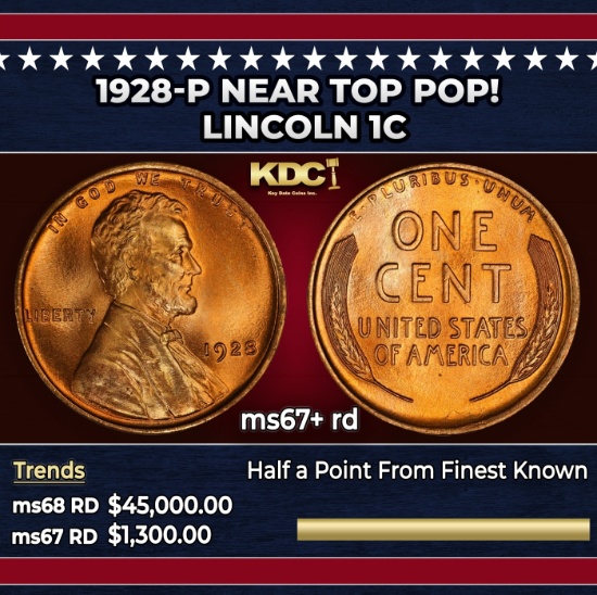 1928-p Lincoln Cent Near Top Pop! 1c ms67+ rd SEGS