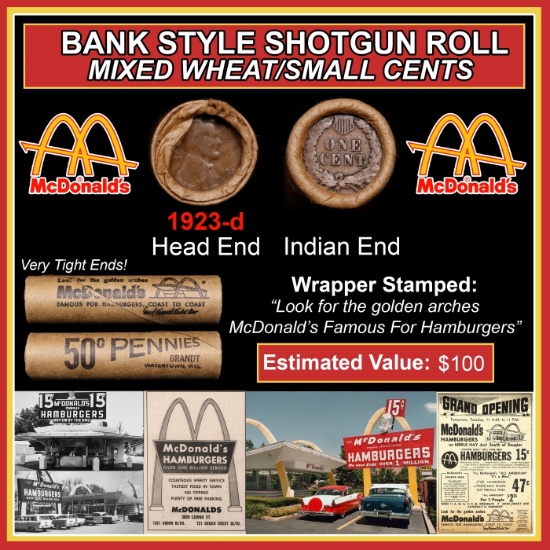 Lincoln Wheat Cent 1c Mixed Roll Orig Brandt McDonalds Wrapper, 1923-d end, Indian other end