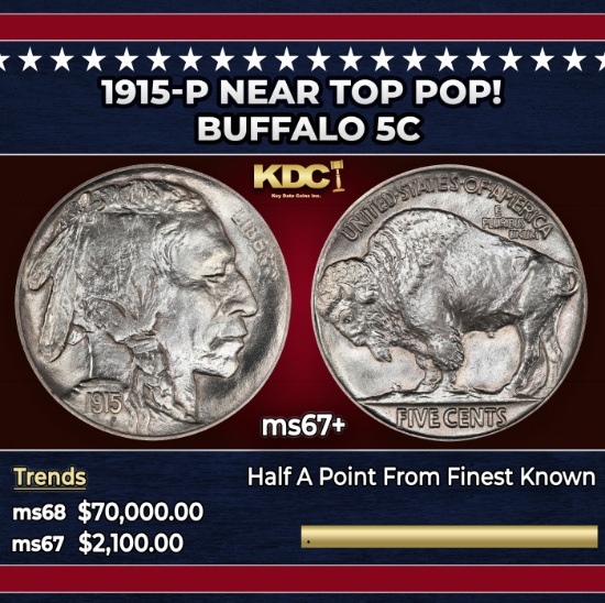 1915-p Buffalo Nickel Near Top Pop! 5c ms67+ SEGS