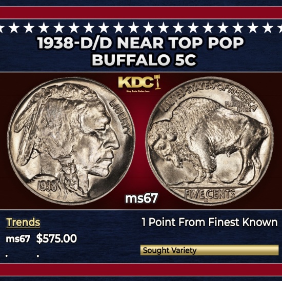 1938-d/d Buffalo Nickel Near Top Pop 5c ms67 SEGS