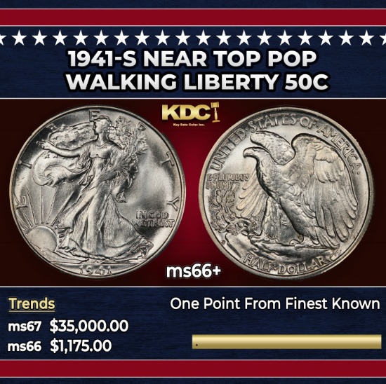 1941-s Walking Liberty Half Dollar Near Top Pop 50c ms66+ SEGS
