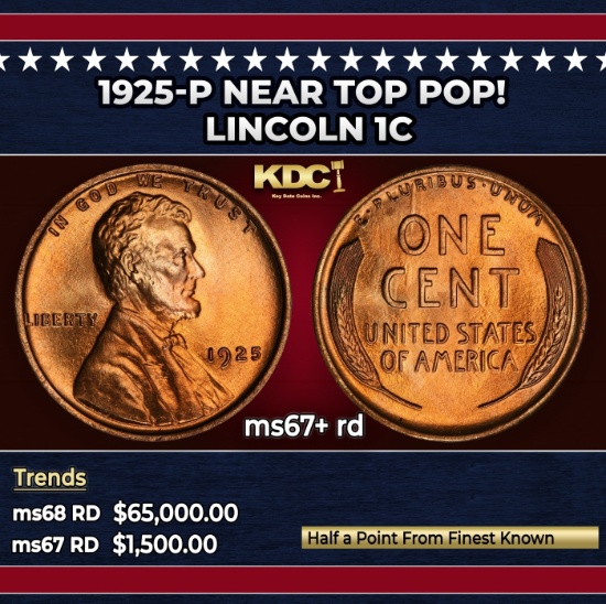 1925-p Lincoln Cent Near Top Pop! 1c ms67+ rd SEGS