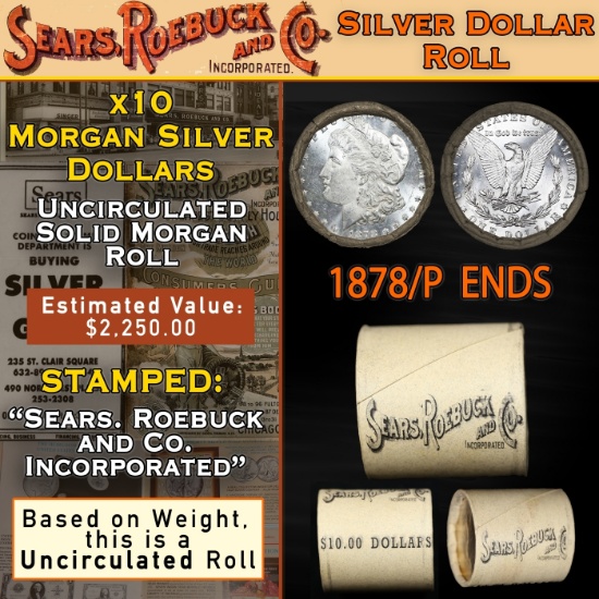 R- 10 Coin SEARS Unc Morgan Dollar Roll 1878/'P' Rev Ends