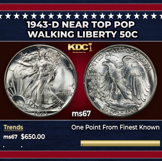 1943-d Walking Liberty Half Dollar Near Top Pop 50c ms67 SEGS