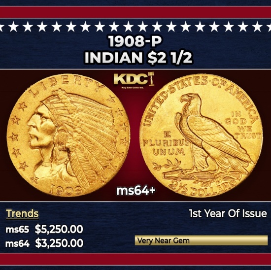 1908-p Gold Indian Quarter Eagle $2 1/2 ms64+ SEGS
