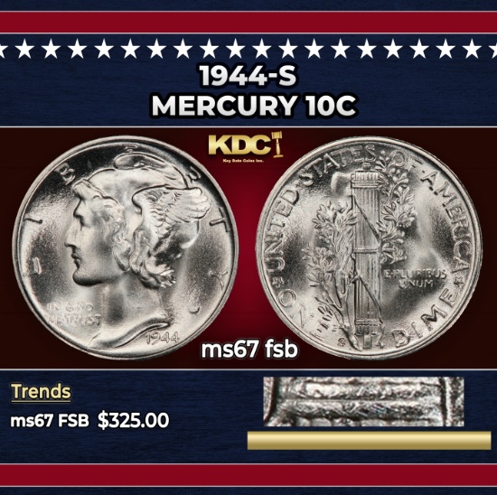 1944-s Mercury Dime 10c ms67 fsb SEGS