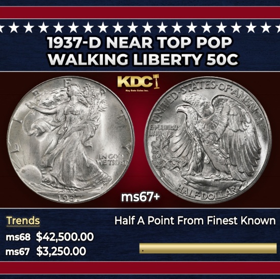 1937-d Walking Liberty Half Dollar Near Top Pop 50c ms67+ SEGS