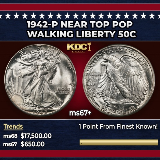 1942-p Walking Liberty Half Dollar Near Top Pop 50c ms67+ SEGS