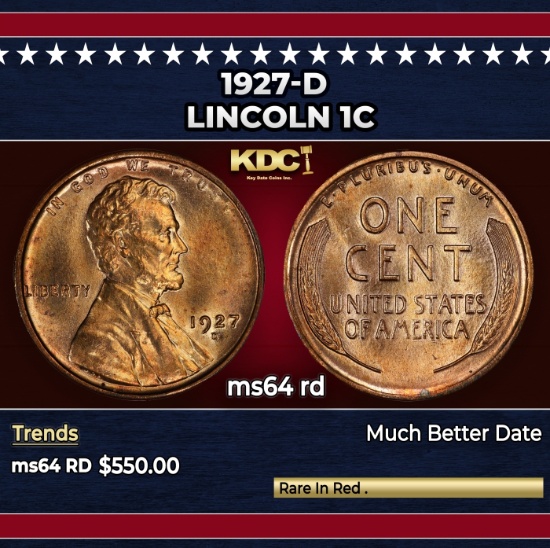 1927-d Lincoln Cent 1c Grades ms64 rd