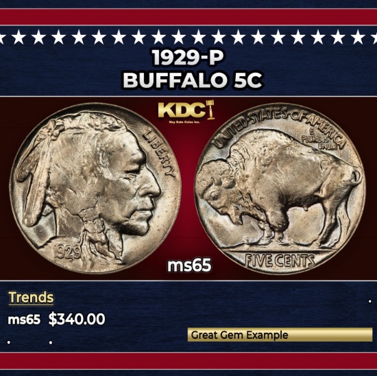 1929-p Buffalo Nickel 5c Grades ms65