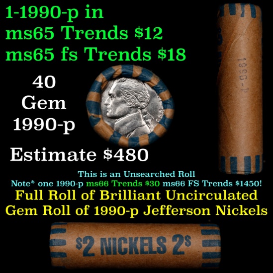 BU Shotgun Jefferson 5c roll, 1996-p 40 pcs Bank $2 Nickel Wrapper