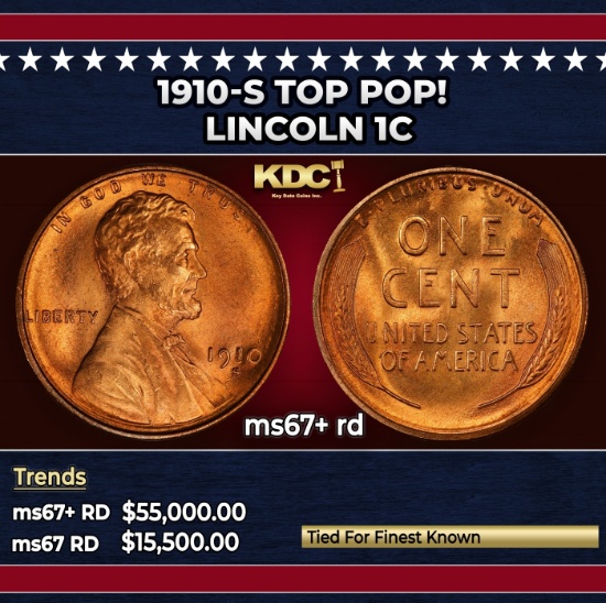 1910-s Lincoln Cent TOP POP! 1c ms67+ rd SEGS