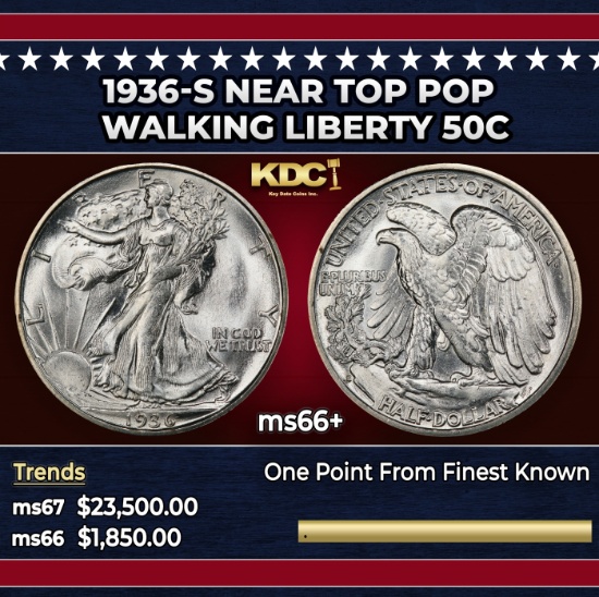 1936-s Walking Liberty Half Dollar Near Top Pop 50c ms66+ SEGS