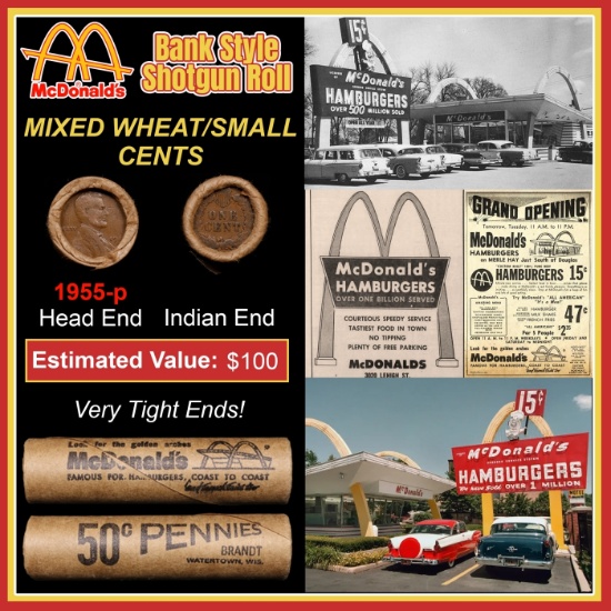 Lincoln Wheat Cent 1c Mixed Roll Orig Brandt McDonalds Wrapper, 1955-p end, Indian other end