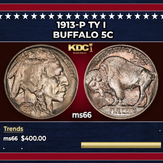 1913-p Ty I Buffalo Nickel 5c Grades ms66