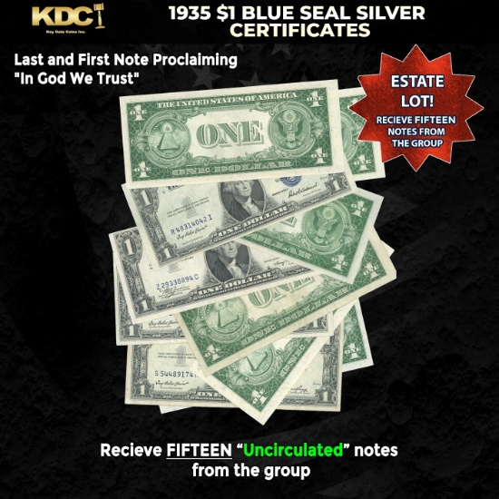 15x 1935 $1 Blue Seal Silver Certificates Grades CU