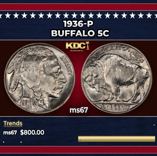 1936-p Buffalo Nickel 5c ms67 SEGS