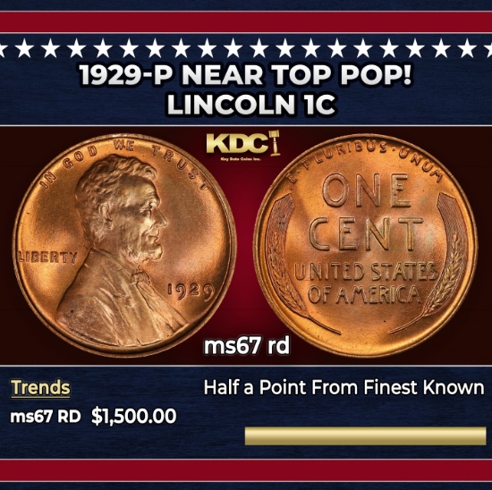 1929-p Lincoln Cent Near Top Pop! 1c ms67 rd SEGS